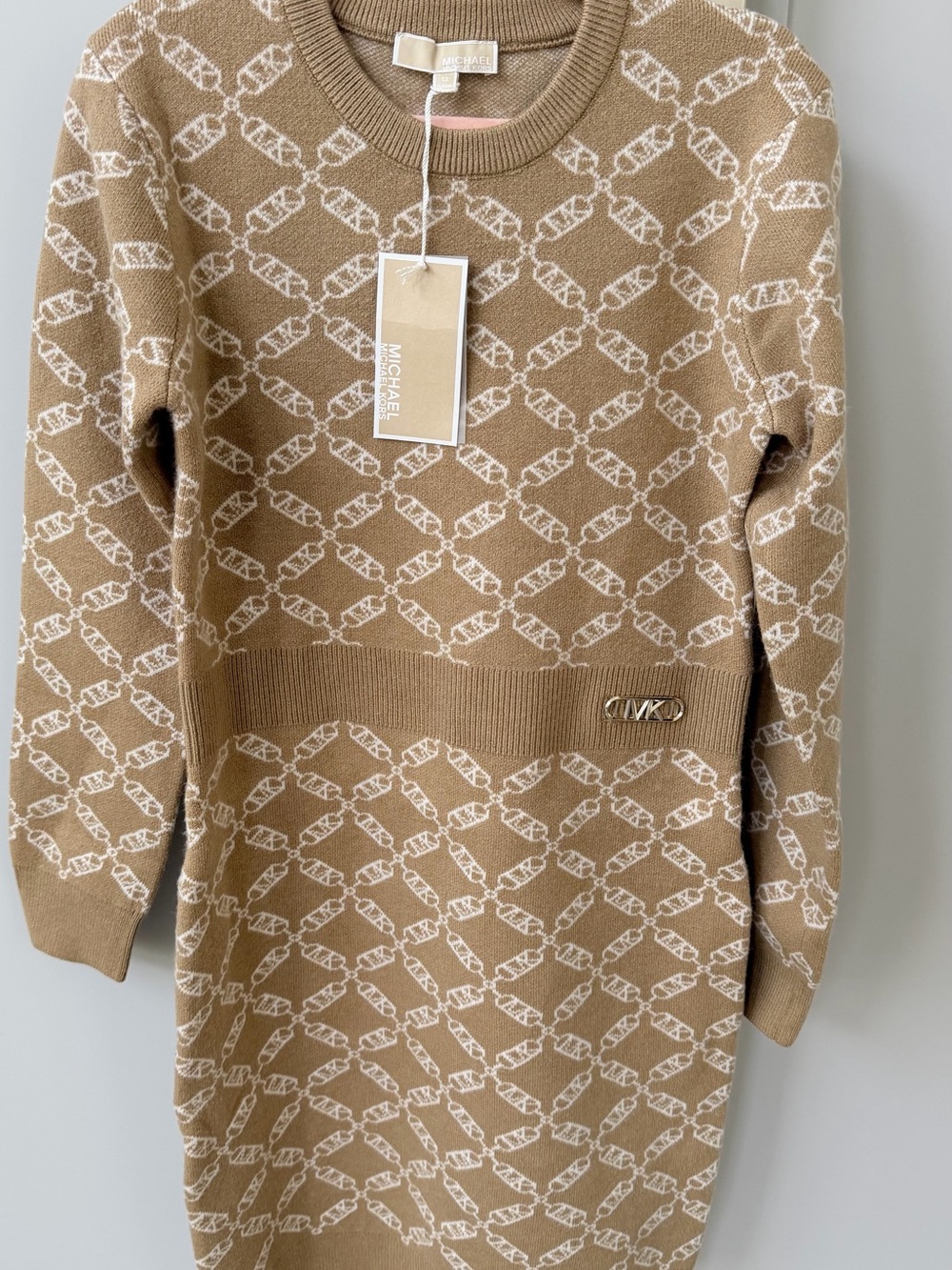 Michael Kors Tan and White Logo-Print Knit Dress
